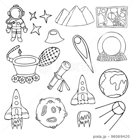 Hand Drawn Space Set. Black and White Galaxy Collection Isolated on White Background. 96069420