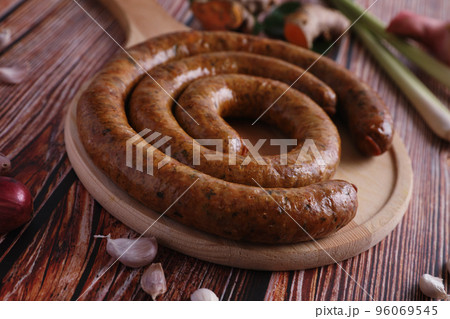 Local Northern Thai food , Northern Thai spicy sausage street food isolated in white background Local Northern Thai food , Northern Thai spicy sausage street food isolated in white background 96069545