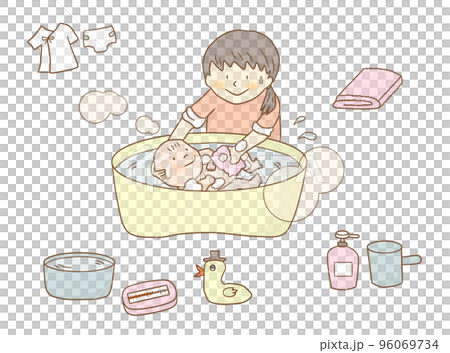 赤ちゃんの沐浴をするお母さん 96069734