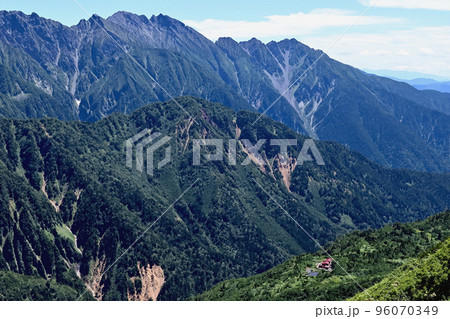 北アルプス飛騨山脈 小池新道から見た穂高連峰と鏡平山荘　 96070349