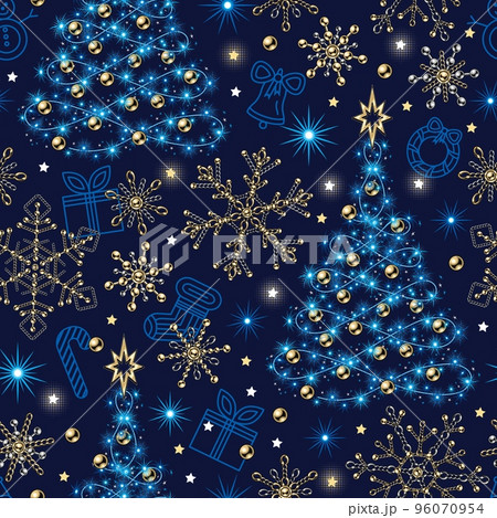Seamless pattern with christmas tree, festive garland, blue lights, stars, sparkles, snowflakes made of jewelry gold chains. Outline icon of chrystmas symbols behind. 96070954