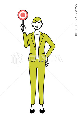 正解を示すマルの棒を持つスーツ姿のシニア女性、女性管理職・キャリアウーマンのシンプルな線画イラスト 96070955