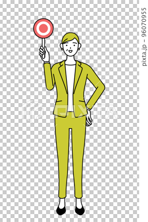 正解を示すマルの棒を持つスーツ姿のシニア女性、女性管理職・キャリアウーマンのシンプルな線画イラスト 96070955