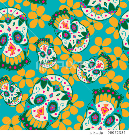 Colorful Seamless Pattern with Traditional Mexican Hand Drawn Skull. 96072385