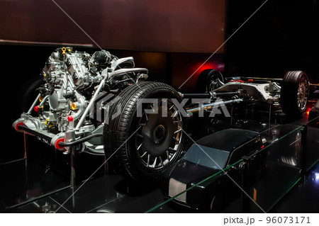 Car chassis, engine with connected gearbox, exhaust manifold, cardan shaft, suspension. Mild hybrid system, 96073171