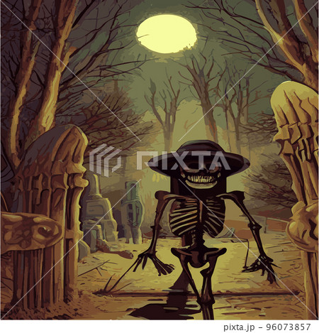 skeletons for the halloween holiday on the background of the gothic grave, vector illustration. Gothic background 96073857