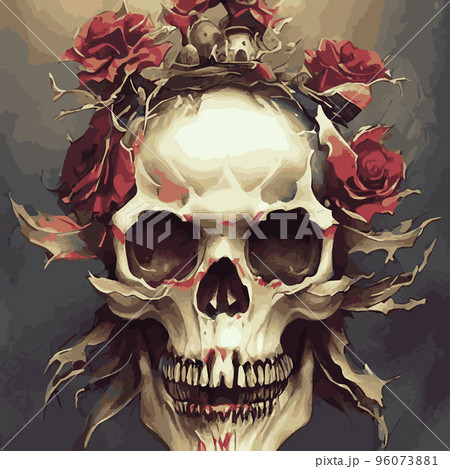 Human skull, exotic tropical flowers. Day of the dead skulls and flowers, vintage vector illustration Typographic poster inspiration, hand drawn t-shirt style. Skull and roses Human skull, exotic tropical flowers. Day of the dead skulls and flowers, vintage vector illustration Typographic poster inspiration, hand drawn t-shirt style. Skull and roses 96073881