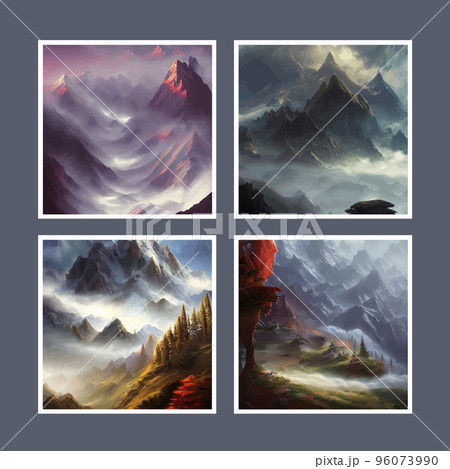 Vector illustration mountains, ridge morning haze set four square posters background Realistic illustration mountain landscape with hills coniferous forest retro style. Suitable holiday travel 96073990