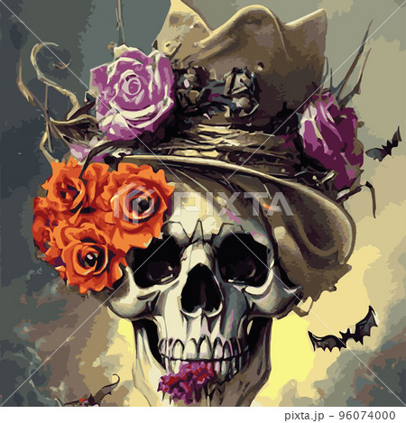 Skull with flowers, roses and pumpkins for Halloween. Vector illustration for autumn halloween holiday in vintage old style. Gothic romantic human skull Skull with flowers, roses and pumpkins for Halloween. Vector illustration for autumn halloween holiday in vintage old style. Gothic romantic human skull 96074000