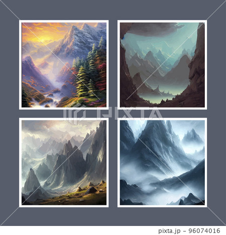Vector illustration mountains, ridge morning haze set four square posters background Realistic illustration mountain landscape with hills coniferous forest retro style. Suitable holiday travel 96074016