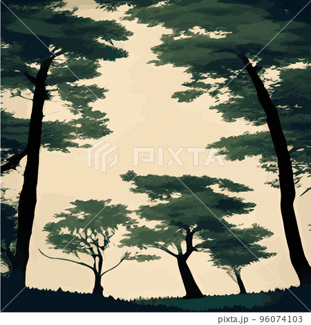 Vintage oak forest. Winter and summer tree. Hand drawn vector illustration. Retro style. old trees. fern and frond outline, botanical flora tropical illustration 96074103