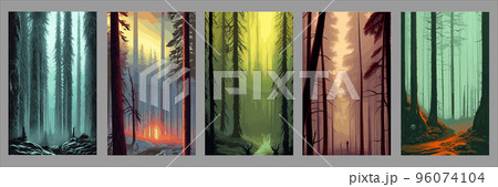 set vertical backgrounds dark twilight forest with fogs twilight vector illustration. silhouettes trees with bare branches polar lights. Dark forest. Trees. Abstract landscape background set vertical backgrounds dark twilight forest with fogs twilight vector illustration. silhouettes trees with bare branches polar lights. Dark forest. Trees. Abstract landscape background 96074104