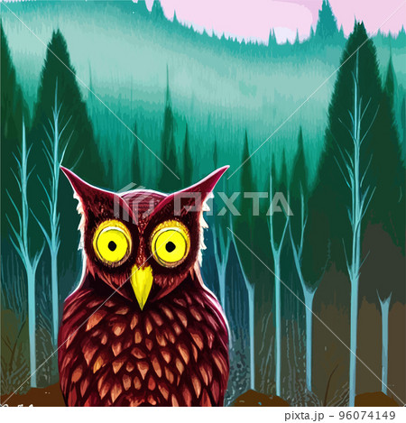 Owl. Realistic bird on dark moon forest background. Dark night background. autumn fairy tale art. Fashion template for clothes vector cartoon style owl 96074149