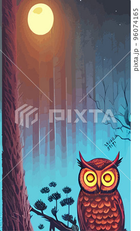 cartoon illustration owl sitting forest under full moon. vertical vector illustration. owl sits branch looks seriously wisely. Fairy forest looks magical. Beautiful powerful bird forest suitable 96074165