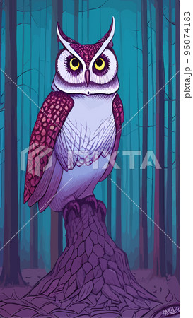 cartoon illustration owl sitting forest under full moon. vertical vector illustration. owl sits branch looks seriously wisely. Fairy forest looks magical. Beautiful powerful bird forest suitable 96074183