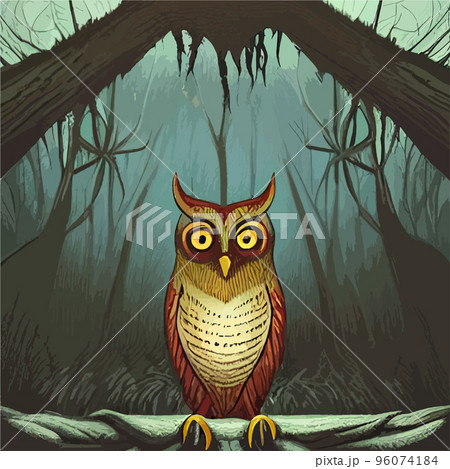 Owl. Realistic bird on dark moon forest background. Dark night background. autumn fairy tale art. Fashion template for clothes vector cartoon style owl 96074184