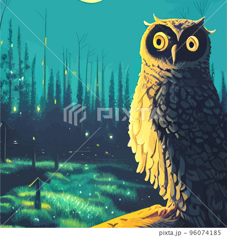 cartoon illustration owl sitting forest under full moon. vertical vector illustration. owl sits branch looks seriously wisely. Fairy forest looks magical. Beautiful powerful bird forest suitable 96074185