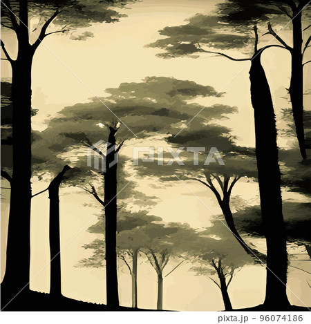 Vintage oak forest. Winter and summer tree. Hand drawn vector illustration. Retro style. old trees. fern and frond outline, botanical flora tropical illustration 96074186