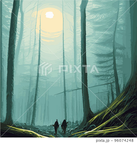 mysterious forest. Background landscape at night twilight foggy forest. Cartoon colored illustration of taiga dark coniferous forest forests. enchanted forest at night. 96074248