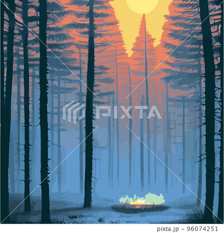mysterious forest. Background landscape at night twilight foggy forest. Cartoon colored illustration of taiga dark coniferous forest forests. enchanted forest at night. 96074251