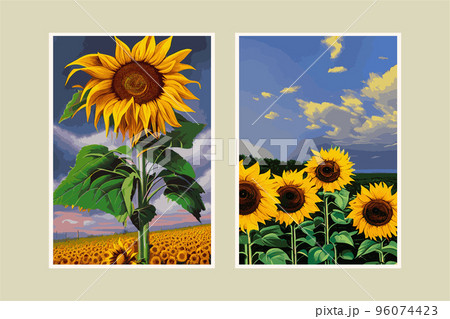 a set of two vertical posts. Sunflower flower, sunset rural landscape painting with golden sunflower field. The warm light of a sunset and the color of the hill in orange and blue in the background. 96074423