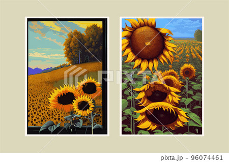 a set of two vertical posts. Sunflower flower, sunset rural landscape painting with golden sunflower field. The warm light of a sunset and the color of the hill in orange and blue in the background. a set of two vertical posts. Sunflower flower, sunset rural landscape painting with golden sunflower field. The warm light of a sunset and the color of the hill in orange and blue in the background. 96074461