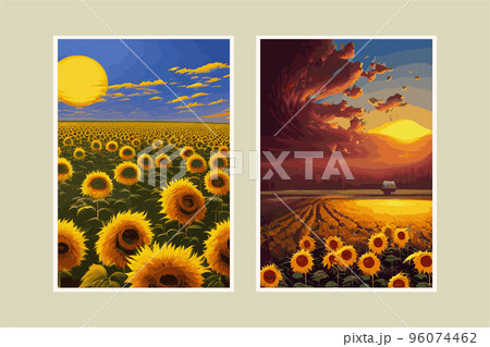 a set of two vertical posts. Sunflower flower, sunset rural landscape painting with golden sunflower field. The warm light of a sunset and the color of the hill in orange and blue in the background. 96074462