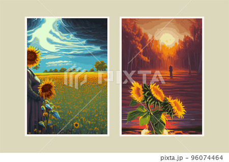 a set of two vertical posts. Sunflower flower, sunset rural landscape painting with golden sunflower field. The warm light of a sunset and the color of the hill in orange and blue in the background. 96074464