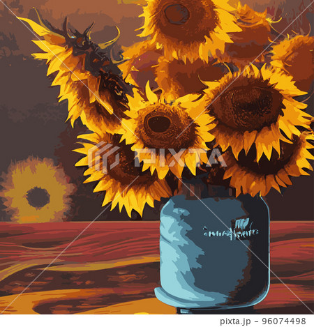 vector illustration, sunflower flower, sunset rural landscape oil painting with golden sunflower field. Warm sunset light and orange hills in the background vector illustration, sunflower flower, sunset rural landscape oil painting with golden sunflower field. Warm sunset light and orange hills in the background 96074498