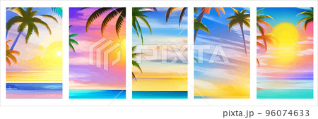 Card with realistic silhouette palm trees sunset beach. Tropical landscape with sunny sky, palm trees beach. Summer vacation tropics with plants, ocean sea waves. Vector set vertical posters tourism 96074633