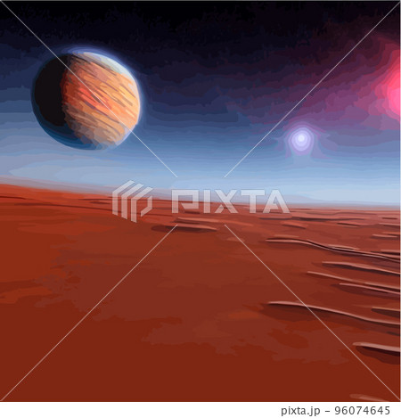 Landscape Mars surface with colonies building. Astronaut base on the red planet. Vector cartoon futuristic illustration of space colonization, space exploration concept. Space station alien galaxy 96074645