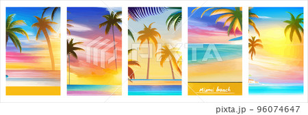 Card with realistic silhouette palm trees sunset beach. Tropical landscape with sunny sky, palm trees beach. Summer vacation tropics with plants, ocean sea waves. Vector set vertical posters tourism 96074647