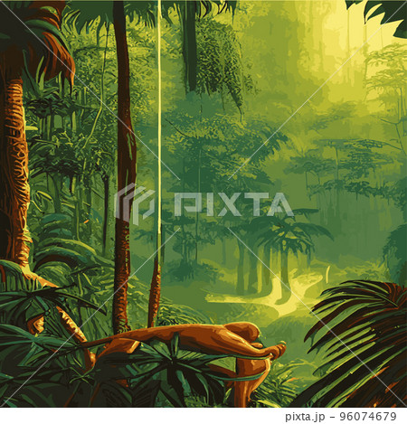 Colorful tropical rainforest. palm leaves and other plants. Aloha textile collection. Tropical forest with dense vegetation of trees, shrubs and vines. Landscape with green flowers. Colorful tropical rainforest. palm leaves and other plants. Aloha textile collection. Tropical forest with dense vegetation of trees, shrubs and vines. Landscape with green flowers. 96074679