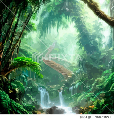 exotic foggy forest natural forest landscape. vector illustration . Landscape silhouette. Dense trees, lush spring, summer grass. Tropical forest with dense vegetation of trees, shrubs and vines. 96074691