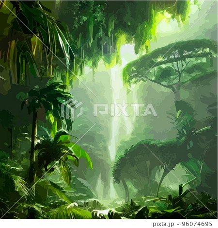 exotic foggy forest natural forest landscape. vector illustration . Landscape silhouette. Dense trees, lush spring, summer grass. Tropical forest with dense vegetation of trees, shrubs and vines. 96074695