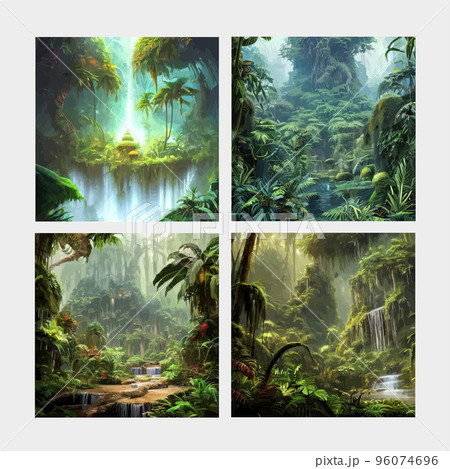 set square posts. Green landscape tropical mysterious fantastic forests, jungle thickets. Horizontal background. Landscape silhouette. Dense trees, lush spring, summer grass. Vector illustration. set square posts. Green landscape tropical mysterious fantastic forests, jungle thickets. Horizontal background. Landscape silhouette. Dense trees, lush spring, summer grass. Vector illustration. 96074696