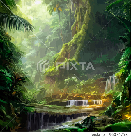 exotic foggy forest natural forest landscape. vector illustration . Landscape silhouette. Dense trees, lush spring, summer grass. Tropical forest with dense vegetation of trees, shrubs and vines. exotic foggy forest natural forest landscape. vector illustration . Landscape silhouette. Dense trees, lush spring, summer grass. Tropical forest with dense vegetation of trees, shrubs and vines. 96074753
