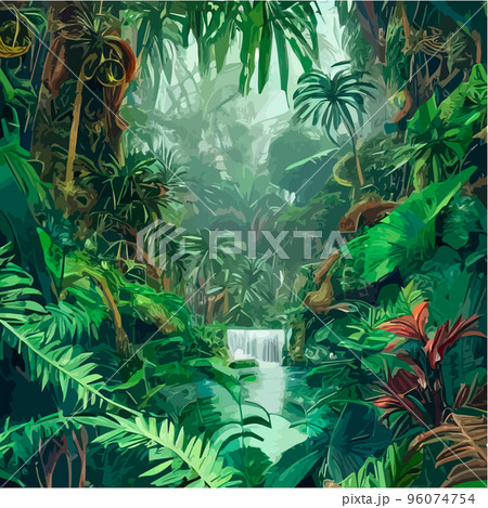 exotic foggy forest natural forest landscape. vector illustration . Landscape silhouette. Dense trees, lush spring, summer grass. Tropical forest with dense vegetation of trees, shrubs and vines. 96074754