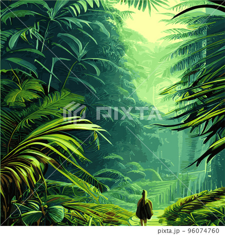 Colorful tropical rainforest. palm leaves and other plants. Aloha textile collection. Tropical forest with dense vegetation of trees, shrubs and vines. Landscape with green flowers. Colorful tropical rainforest. palm leaves and other plants. Aloha textile collection. Tropical forest with dense vegetation of trees, shrubs and vines. Landscape with green flowers. 96074760