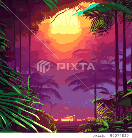 Colorful tropical rainforest. palm leaves and other plants. Aloha textile collection. Tropical forest with dense vegetation of trees, shrubs and vines. Landscape with green flowers. 96074839