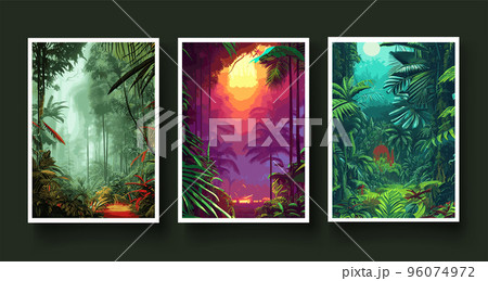set vertical posters. Colorful tropical rainforest. palm leaves other plants. Aloha textile collection. Tropical forest with dense vegetation trees, shrubs vines. Landscape with green flowers set vertical posters. Colorful tropical rainforest. palm leaves other plants. Aloha textile collection. Tropical forest with dense vegetation trees, shrubs vines. Landscape with green flowers 96074972