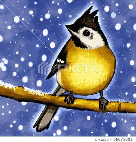 Vector realistic detailed vector illustration winter birds branches. Winter design elements Christmas, holidays. sitting branch. Winter background. Tree branch without leaves with flying birds. 96075002