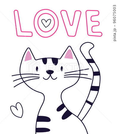 Draw vector illustration banner cute cat sitinging on white color Text Love. Doodle cartoon style. EPS 96075003