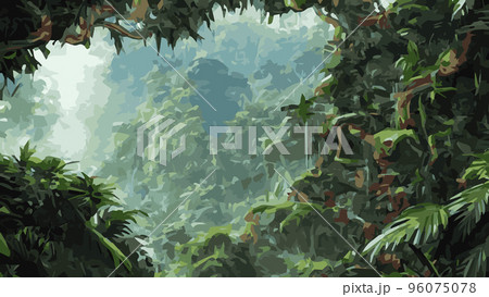 Jungle tropical background. Jungle landscape background illustration, with decorations made from leaves and foliage of tropical plants and trees. Amazon jungle trees and wilderness 96075078