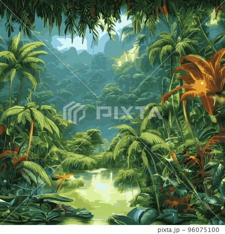 Jungle tropical background. Jungle landscape background illustration, with decorations made from leaves and foliage of tropical plants and trees. Amazon jungle trees and wilderness Jungle tropical background. Jungle landscape background illustration, with decorations made from leaves and foliage of tropical plants and trees. Amazon jungle trees and wilderness 96075100