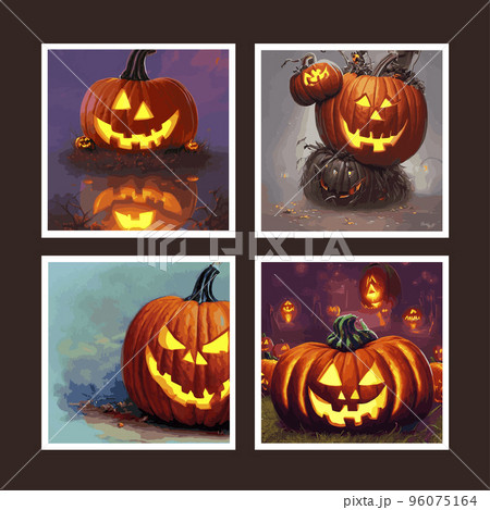 set of four square sets. Spooky pumpkins vector illustration in fantasy style .Stylized halloween horror pumpkin for spooky party decoration, mockup, web page design template set of four square sets. Spooky pumpkins vector illustration in fantasy style .Stylized halloween horror pumpkin for spooky party decoration, mockup, web page design template 96075164