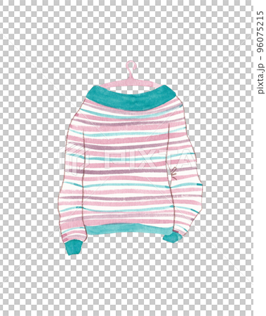 Flat watercolor cartoon of cozy warm striped sweater. Women's knitted warm clothes Flat watercolor cartoon of cozy warm striped sweater. Women's knitted warm clothes 96075215