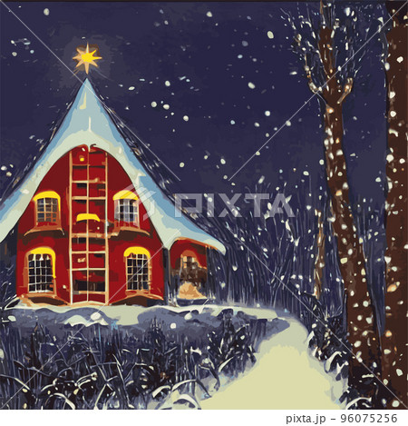 Vector illustration of Christmas night scene with snowy wooden house and decorated fir tree, sweet home in snowy forest. Christmas, happy new year 96075256
