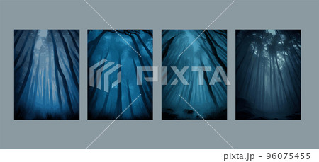set of vertical posters. Silhouettes of trees in a dark night forest with a blue haze tint. Fantastic mysterious landscape. Foggy forest background. Paranormal, mystical concept. Vector illustration. set of vertical posters. Silhouettes of trees in a dark night forest with a blue haze tint. Fantastic mysterious landscape. Foggy forest background. Paranormal, mystical concept. Vector illustration. 96075455