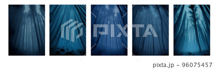 set of vertical posters. Silhouettes of trees in a dark night forest with a blue haze tint. Fantastic mysterious landscape. Foggy forest background. Paranormal, mystical concept. Vector illustration. 96075457